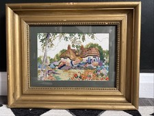 Vintage 1940s Embroidered Framed Cottage Floral Scene Green Orange Blue