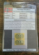 German Third Reich Nazi Disability Insurance Revenue Stamps 1920