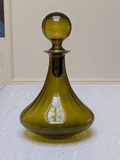Rare Vintage 1970 MCM Empoli Olive Green Optic Glass Genie Bottle Decanter Retro