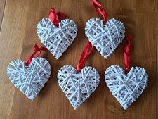 5 X White Rustic Rattan Heart Decorations Ornaments Valentines Decor