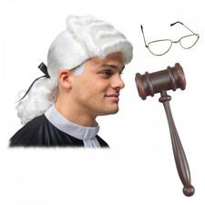 Adult High Court Judge Wig + Half Moon Specs + Gavel Court Barrister Fancy Dress