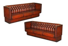 FULLY RESTORED PAIR OF HUGE 4-5 SEAT EACH CHESTERFIELD BROWN LEATHER BENCH SOFAS