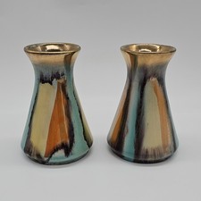 Pair Of Small West Germany Vases Colourful Iridescent Glaze