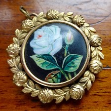antique edwardian rose flower painted enamel flower pendant for necklace -603