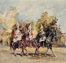 Watercolour Painting Horse Guards by Cyril Paston Style of Munnings