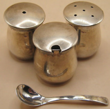 Vintage Mid Century Stylish 4 piece Solid SIlver Cruet Set Salt pepper Mustard