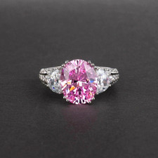 3Ct Oval Cut Pink Diamond Three Stone Engagement Ring 14K White Gold Finish