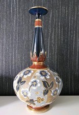 ANTIQUE DOULTON & SLATER MANTLE VASE FLORAL TAPESTRY LONG NECK PATIENT NO 4084