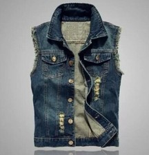 UK Mens Ripped Denim Vest Sleeveless Trucker Biker Jeans Jacket Waistcoat Gilet