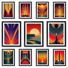 Art Deco Ocean Sunset Prints Black Framed Wall Art Poster Picture Decor Painting