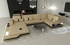 Living Area Leather Sofa Couch LED Leather Couch Sand Beige Black Messana U Shape