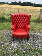 A Vintage Red Leather Chesterfield Barrel Back Armchair / Porters Chair