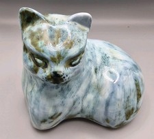 Large Vintage David Sharp Rye Pottery Cat Figurine – Made in England – Blue Grn
