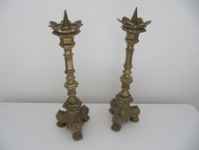 PAIR ANTIQUE BRASS ITALIAN BAROQUE possible CHURCH PRICKET CANDLESTICKS. 23cm