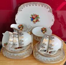Windsor China, Fruit & Gold 5 cups, 6 saucers & plates, milk, sugar & cake plate