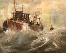 ORIGINAL LEON GOODMAN  "Pike's Trawler" fishing boat sea maritime OIL PAINTING