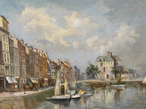 Vintage harbour scene - scene, oil