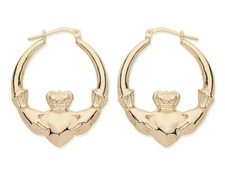 9ct Gold on Silver LARGE CLADDAGH Creole Hoop Earrings