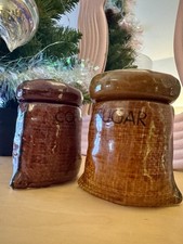 Vintage coffee & sugar jars, novelty hessian sack design by fosters pottery
