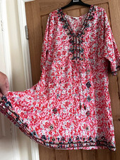 Monsoon White, Red, Pink Floral Print Smock Kaftan Style Dress, Size L, 16-18
