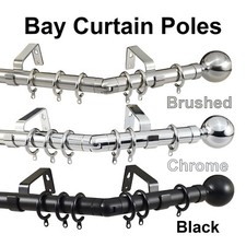 28mm Metal 2.3m, 3m & 4m Bay Window Curtain Pole C Ring Ball Finial Brass Chrome