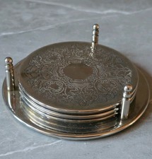 Silver Plated Coaster Set Of 3 With Holder Rack. Missing Coaaters.