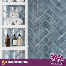 Jaelyn Blue Mottled  Rectangle Brick Gloss Porcelain Wall Tile | 100x300mm