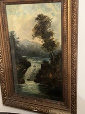 Beautiful Antique Victorian Oil Painting Framed Scenery Waterfall Landscape 19th