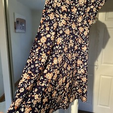 Barbara Hulanicki Navy & Coral Short Sleeve Floral Floaty Dress Approx 36” bust