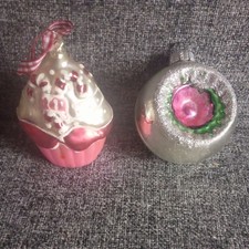 Pink Glass Cupcake Christmas Tree Bauble And Silver Coloured Concave Bauble