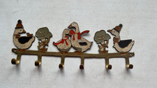 Vintage Old Brass Metal Enamel Wall Hanging 6 Hooks Duck Goose Geese Ducklings