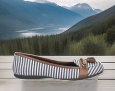 New Clarks UK 6 Elsa White Navy Stripe Flat Pump Ballerina Shoe Slip On, EU 39.5