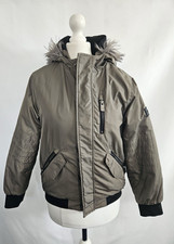 Sonneti Coat Jacket Girls Age 10-12 Bomber Grey Khaki Hooded Fur Trim Short