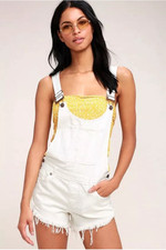 Free People  Denim Dungarees Shorts Size 28 Uk 10 Overalls Ivory white