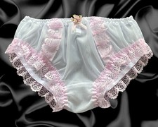 White Frilly Lace Sissy Sheer Soft Nylon Satin Bow Panties Knickers Size 10-20
