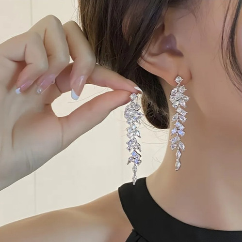 Silver tone crystal leaf - leaf, drop