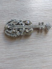 VINTAGE WHITE METAL GUITAR  BROOCH WITH MARKED CZECHO SLOVAKIA 