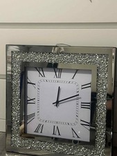 SILVER WALL CLOCK MIRROR CRUSHED DIAMOND CRYSTAL SPARKLY GIFT 46cmx46cm
