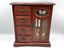 Vintage Wooden Wardrobe Jewellery Box Floral Glass Drawers Mirrored Musical Box