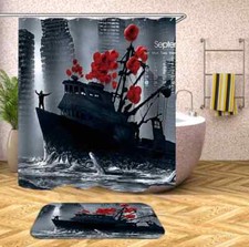 Big Red Flower Water Boat 3D Shower Curtain Polyester Bathroom Decor  Waterproof