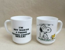 Vintage 1965 Arcopal Snoopy & Woodstock Milk Glass 'Coffee Break' Mug Set of 2