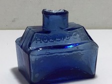 Stunning COPPER BLUE Old Embossed HOLLIDGE Boat Shaped Victorian Ink Bottle