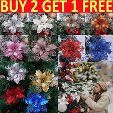10X Christmas Large Poinsettia Glitter Flower Tree Hanging Xmas Party Decor UK