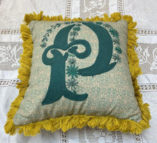 M&S Small Blue velvet & embroidery cushion Initial letter P Folk art Cottagecore