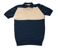 JOHN SMEDLEY Blue & Cream 100% Fine Wool Polo Shirt Mens Large (READ LISTING)