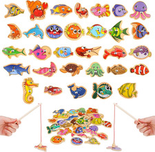 33 Pcs Magnetic Fishing Game for Kids Wooden Fish Educational Toys Ocean Animal 