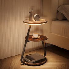3 Tier Small Sofa Side Table with LED Light Coffee End Table Round Living Room