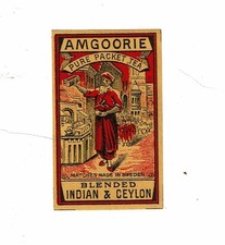 1 Old Sweden c1900s matchbox label Amgoorie Pure Packet Tea size 58x35mm
