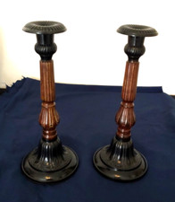 LARGE HEAVY PAIR OF VINTAGE 12 INCH CAST METAL CANDLESTICKS IN GOOD CONDITION m