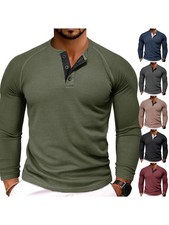 Mens Ribbed Henley Shirts Long